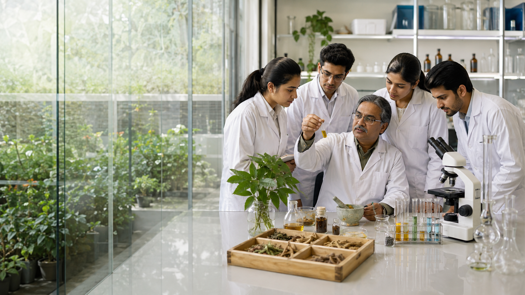 A group of five students in white lab coats gathered around a table in a modern laboratory, examining a small plant sample held by a middle-aged man. The scene includes test tubes, a microscope, and shelves of glassware in the background.