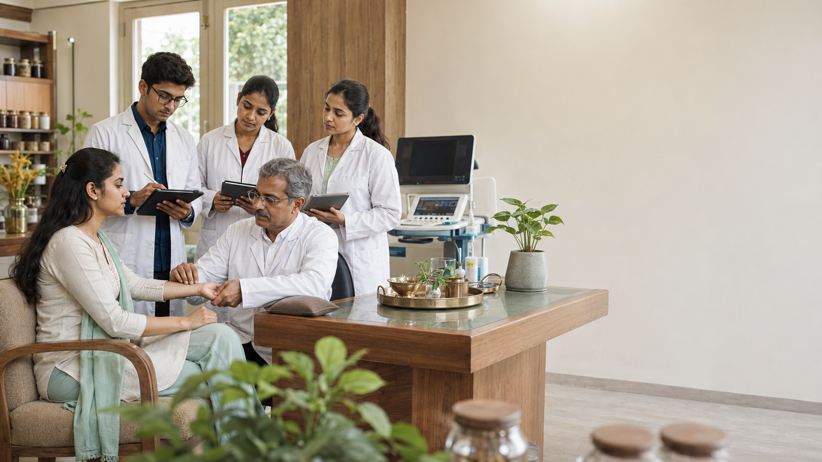 A group of healthcare professionals in white lab coats gathered around a patient in a consultation room, with tablets and medical equipment visible in the background.